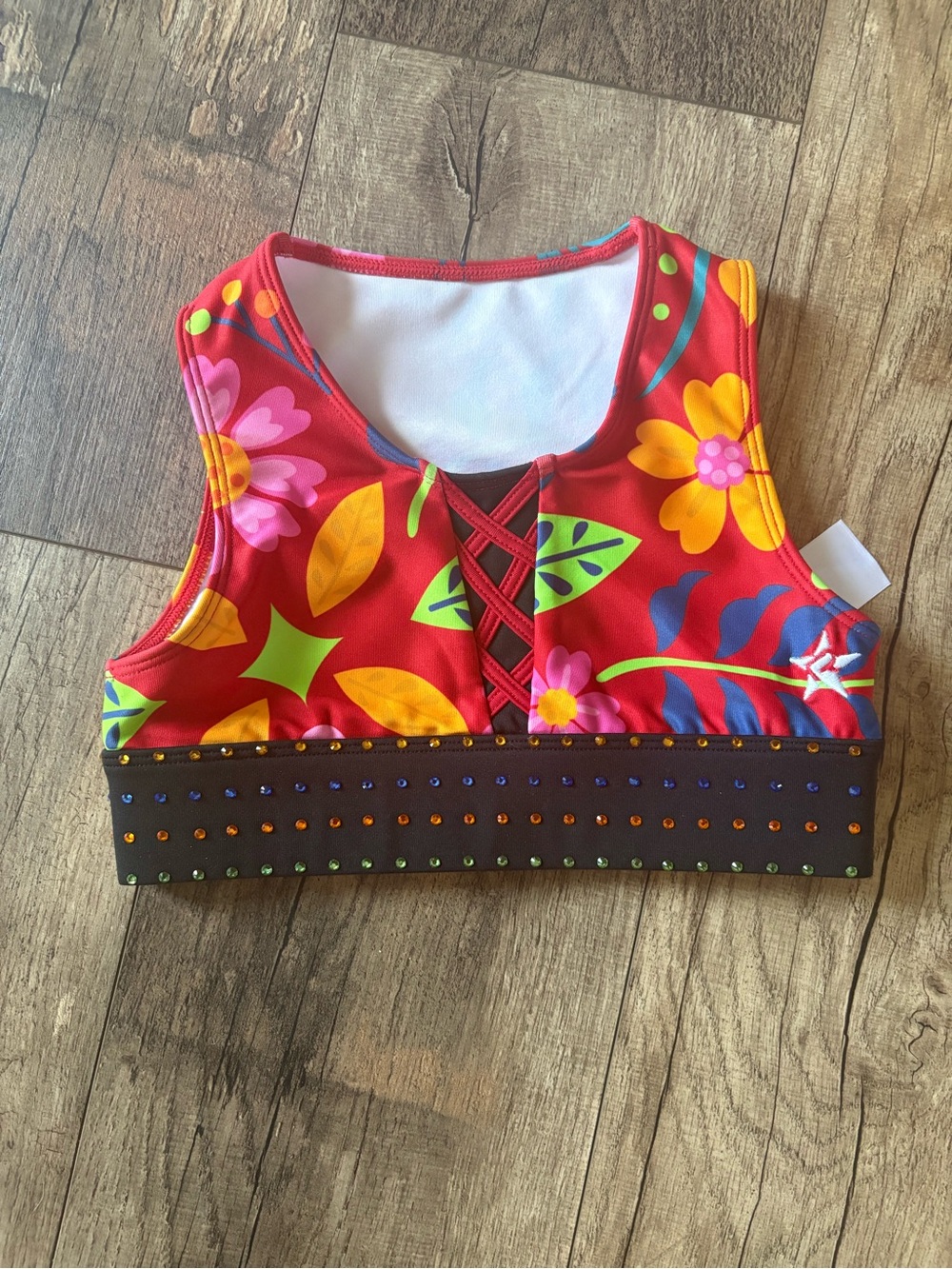 Girls Red Floral Active Crop Top with Embellished Band